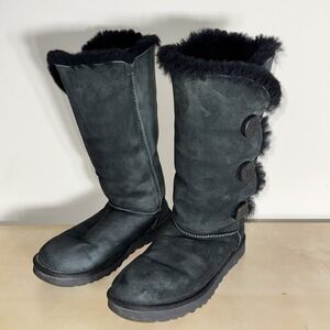UGG 'BAILEY' Triple Button Tall Sheepskin Black Boots Women USA Size 9
